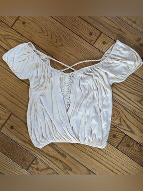 Free People Cream Off-Shoulder Lace-Panel Cropped Top